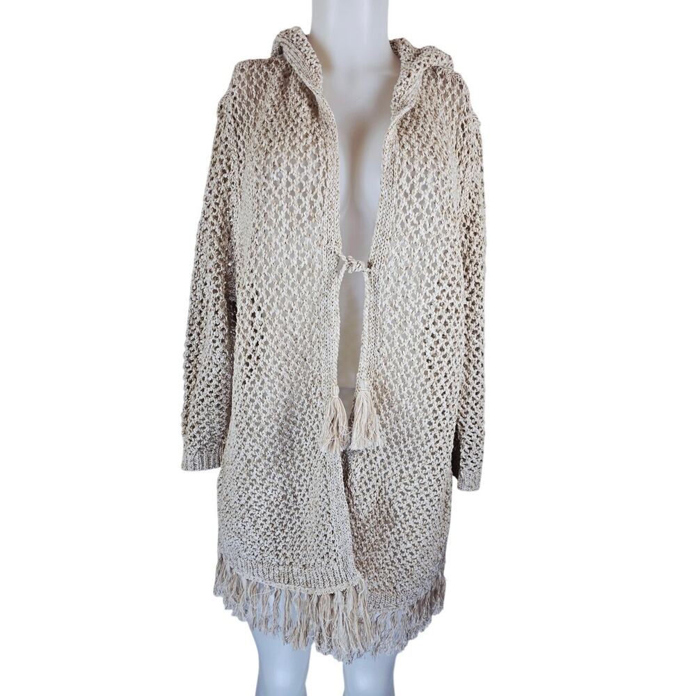 J.Jill Cardigan Hood Open Front Crocheted Beige Fringe Hem Tassels XL